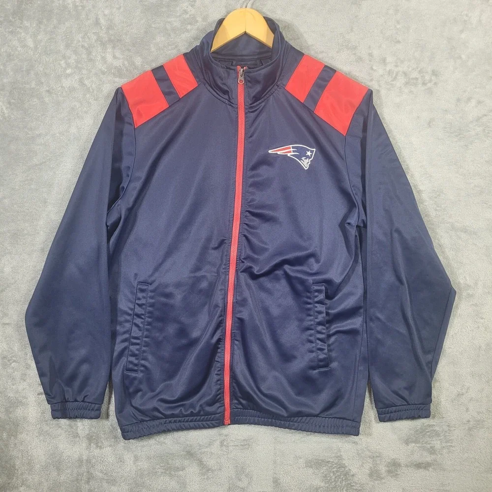 New England Patriots NFL Track Jacket Warm Up Apparel Mens Large Zip Up Blue Red
